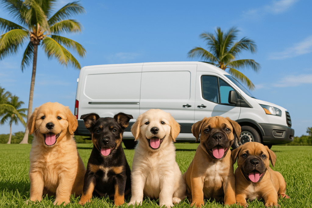 Happy puppy sitting in front of a van